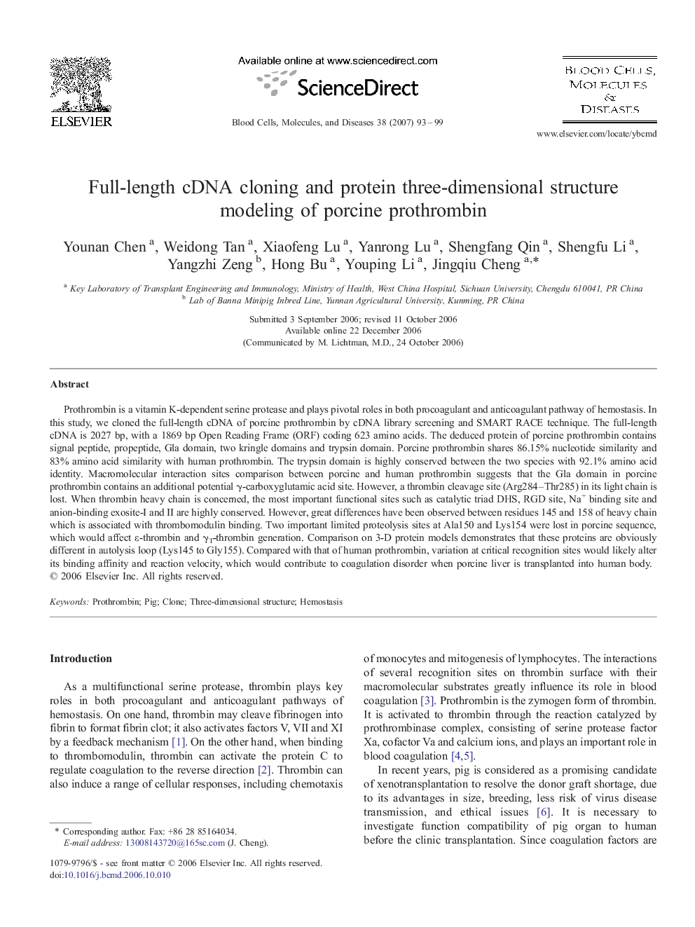 Full-length cDNA cloning and protein three-dimensional structure modeling of porcine prothrombin