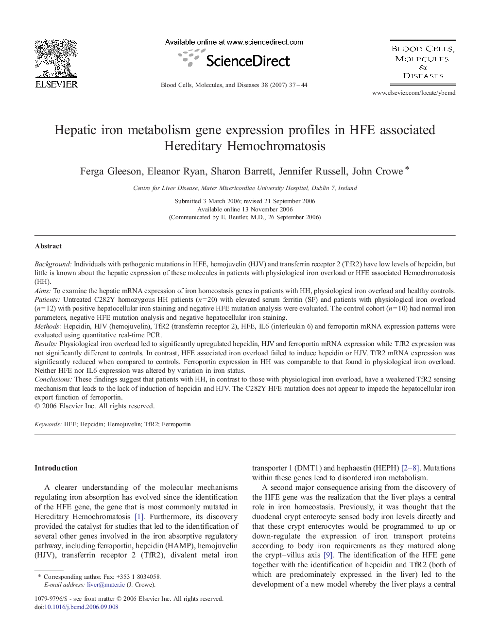 Hepatic iron metabolism gene expression profiles in HFE associated Hereditary Hemochromatosis