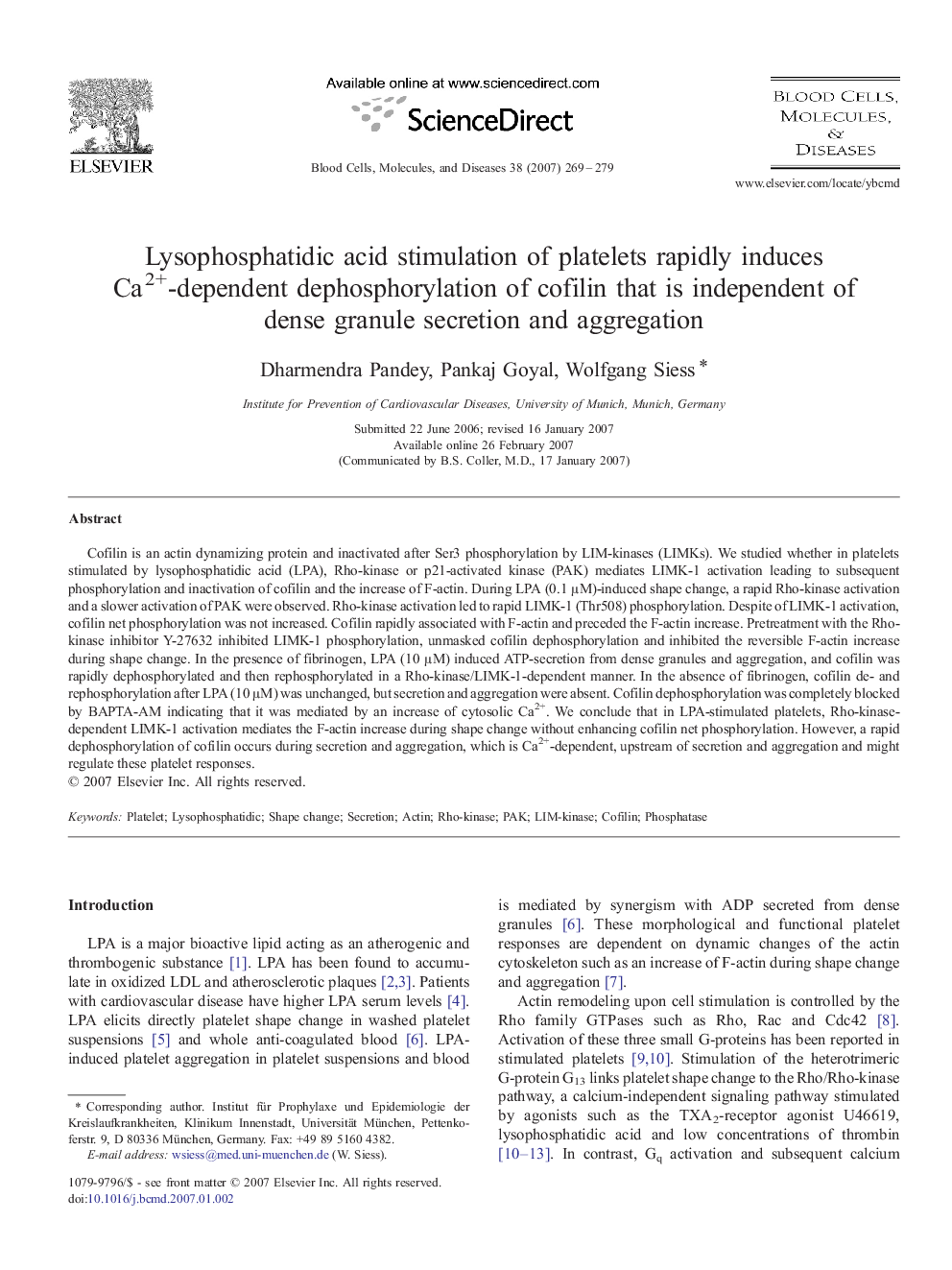 Lysophosphatidic acid stimulation of platelets rapidly induces Ca2+-dependent dephosphorylation of cofilin that is independent of dense granule secretion and aggregation