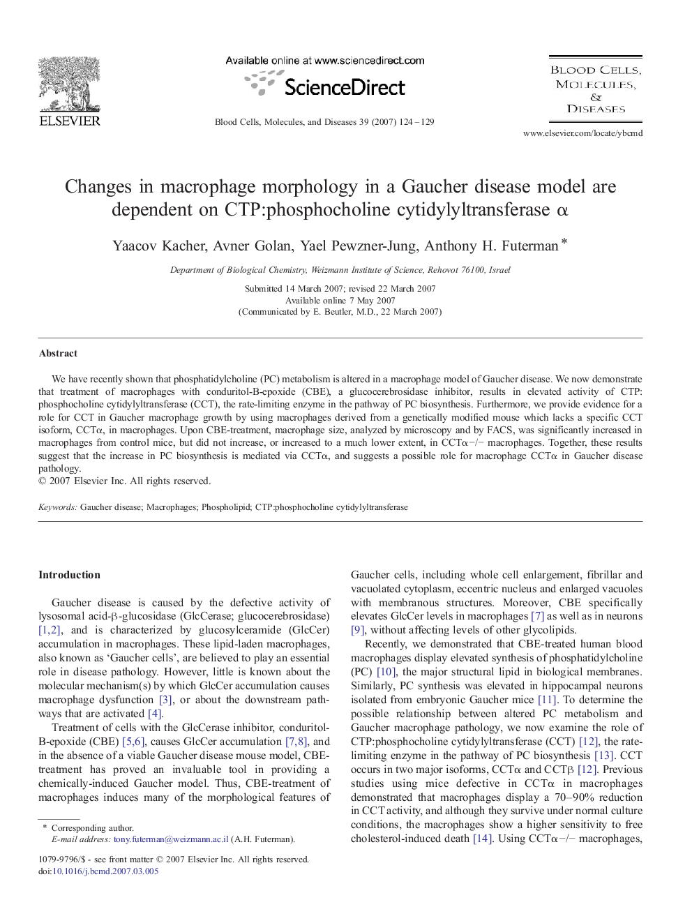 Changes in macrophage morphology in a Gaucher disease model are dependent on CTP:phosphocholine cytidylyltransferase α