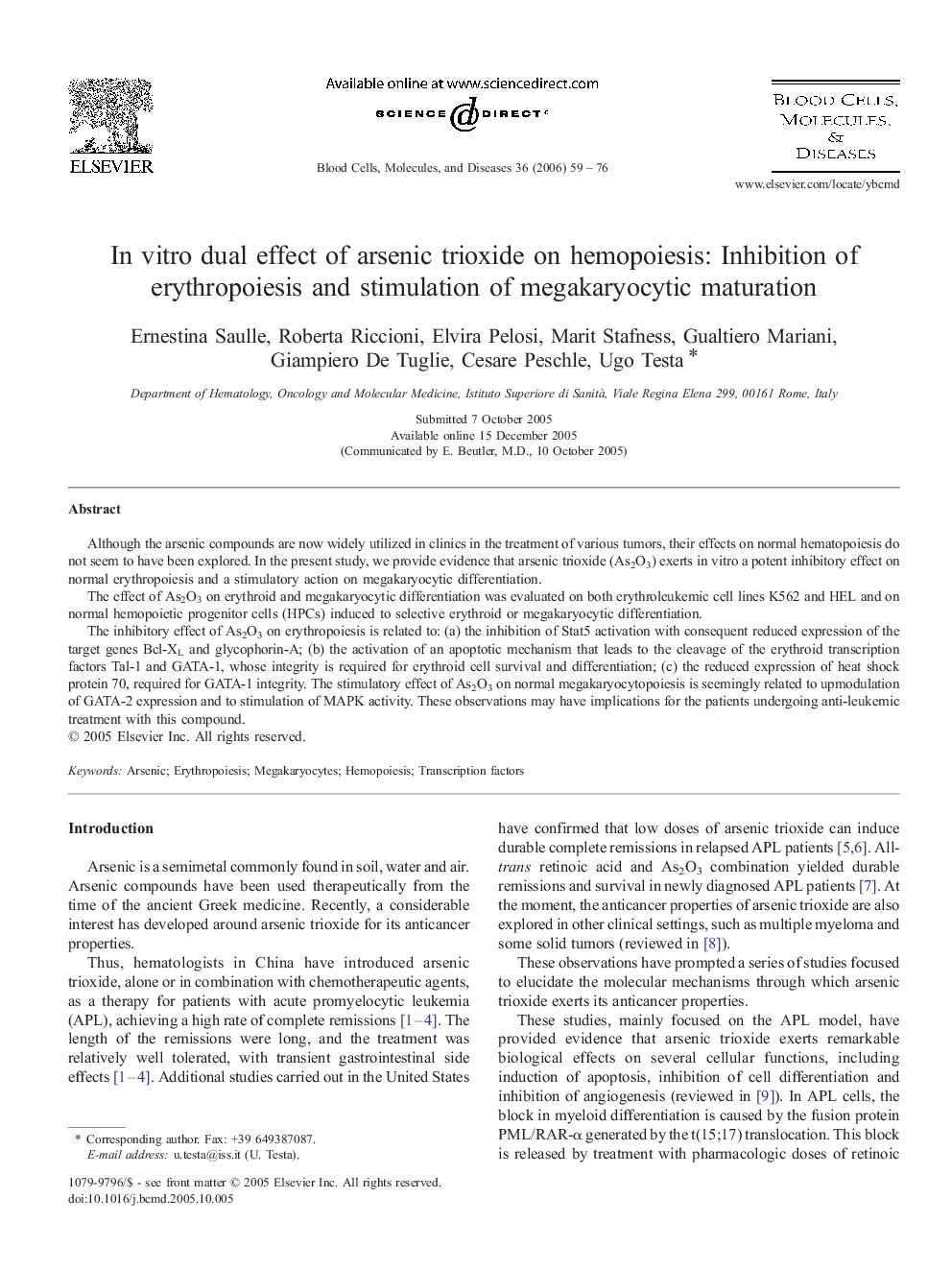 In vitro dual effect of arsenic trioxide on hemopoiesis: Inhibition of erythropoiesis and stimulation of megakaryocytic maturation