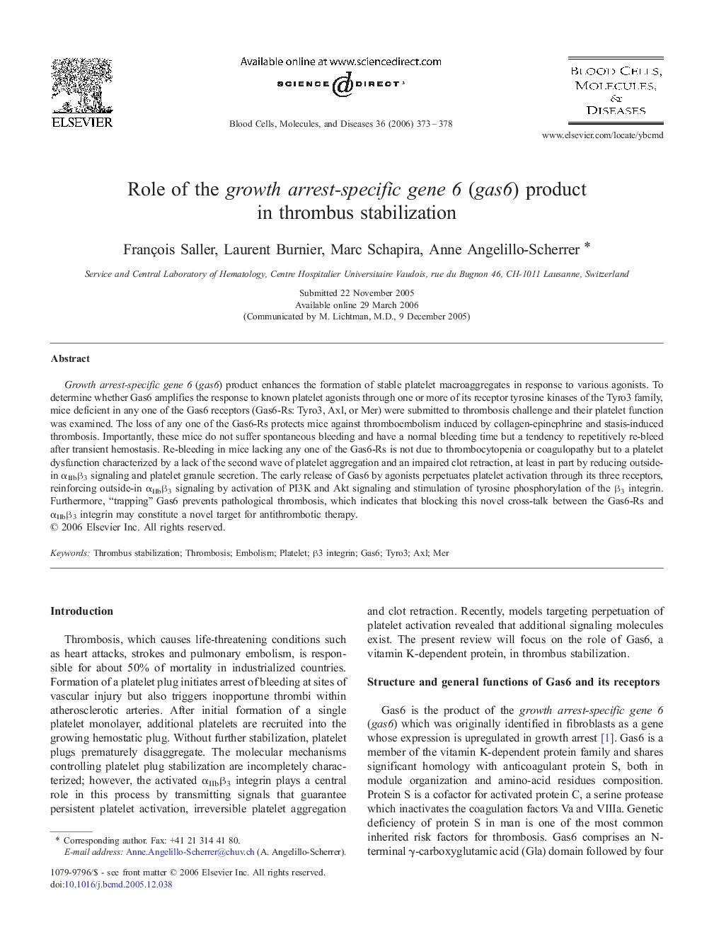 Role of the growth arrest-specific gene 6 (gas6) product in thrombus stabilization