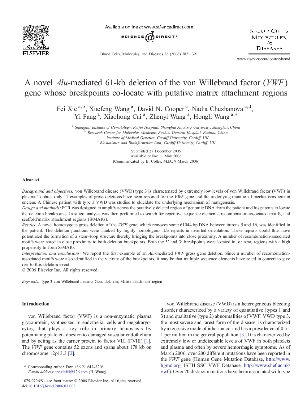 A novel Alu-mediated 61-kb deletion of the von Willebrand factor (VWF) gene whose breakpoints co-locate with putative matrix attachment regions