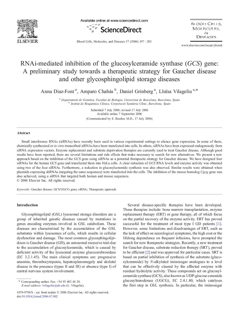 RNAi-mediated inhibition of the glucosylceramide synthase (GCS) gene: A preliminary study towards a therapeutic strategy for Gaucher disease and other glycosphingolipid storage diseases