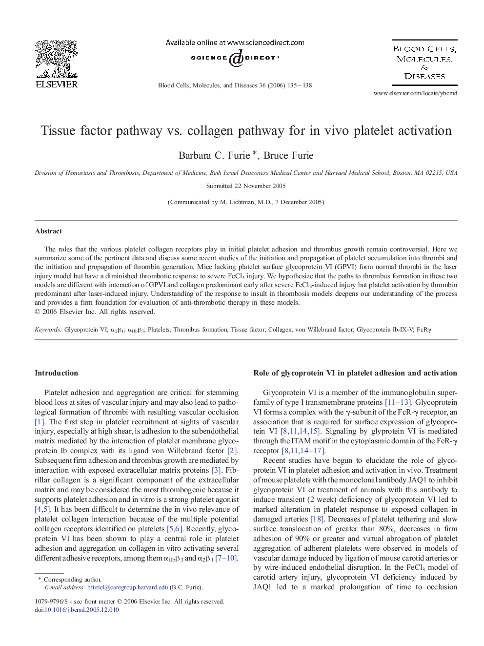 Tissue factor pathway vs. collagen pathway for in vivo platelet activation