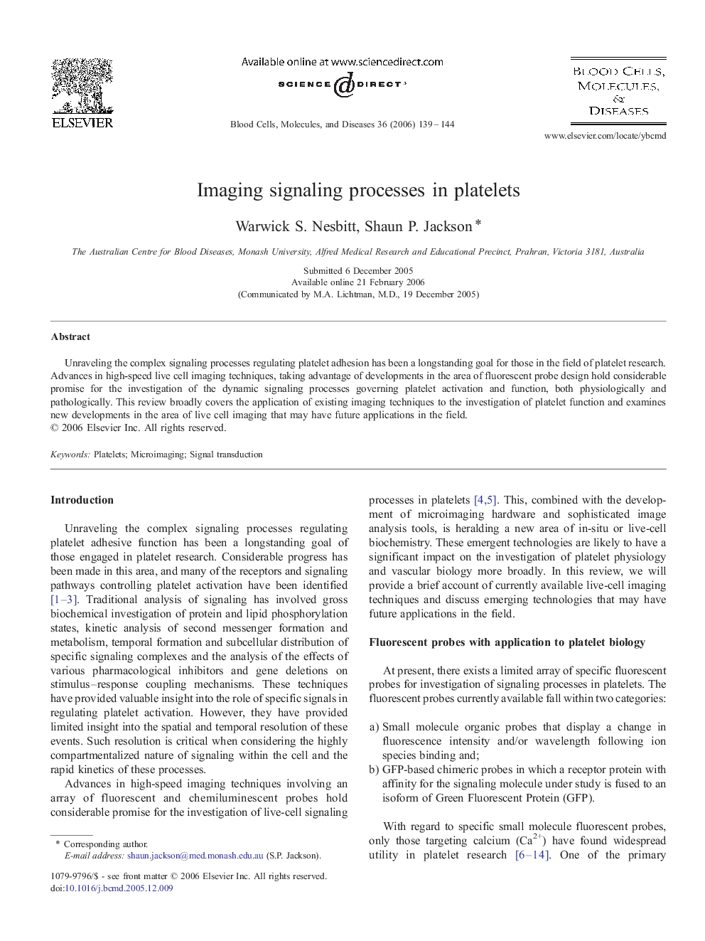 Imaging signaling processes in platelets