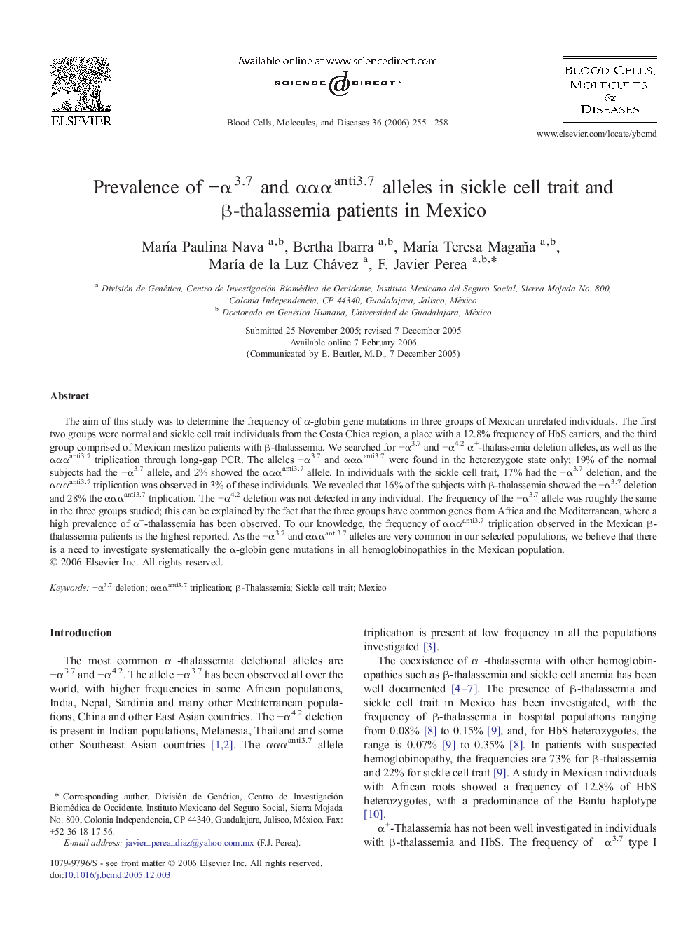 Prevalence of −α3.7 and αααanti3.7 alleles in sickle cell trait and β-thalassemia patients in Mexico