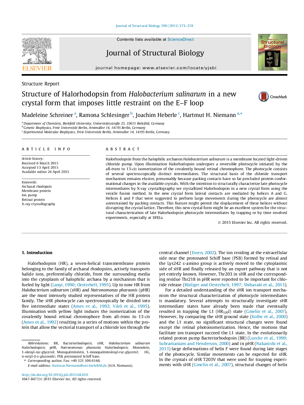 Structure of Halorhodopsin from Halobacterium salinarum in a new crystal form that imposes little restraint on the E–F loop