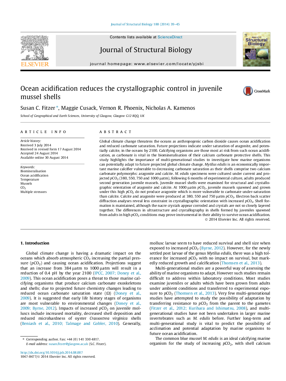 Ocean acidification reduces the crystallographic control in juvenile mussel shells