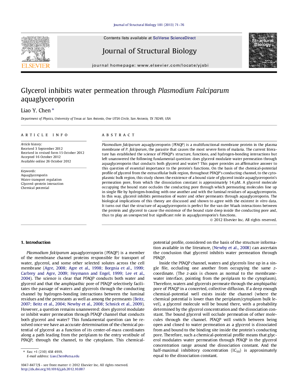 Glycerol inhibits water permeation through Plasmodium Falciparum aquaglyceroporin