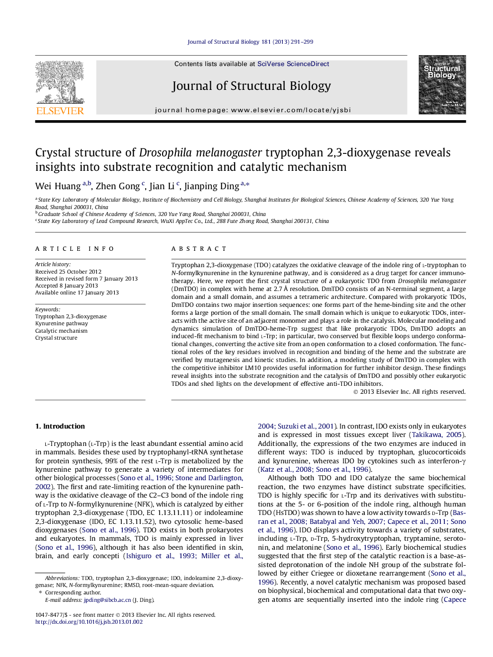 عکس صفحه اول مقاله: Crystal structure of Drosophila melanogaster tryptophan 2,3-dioxygenase reveals insights into substrate recognition and catalytic mechanism Crystal structure of Drosophila melanogaster tryptophan 2,3-dioxygenase reveals insights into substrate recognition and catalytic mechanism