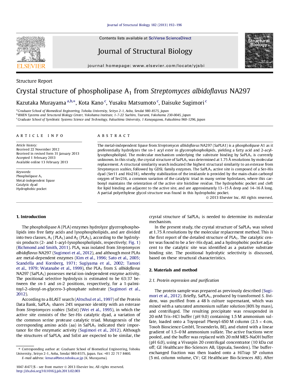 Crystal structure of phospholipase A1 from Streptomyces albidoflavus NA297