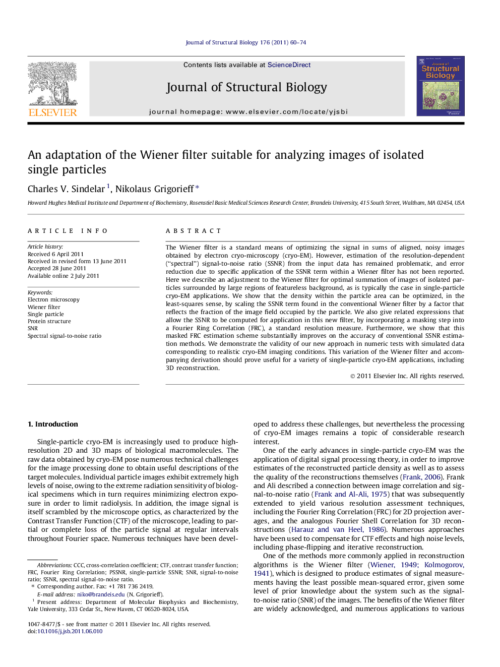 An adaptation of the Wiener filter suitable for analyzing images of isolated single particles