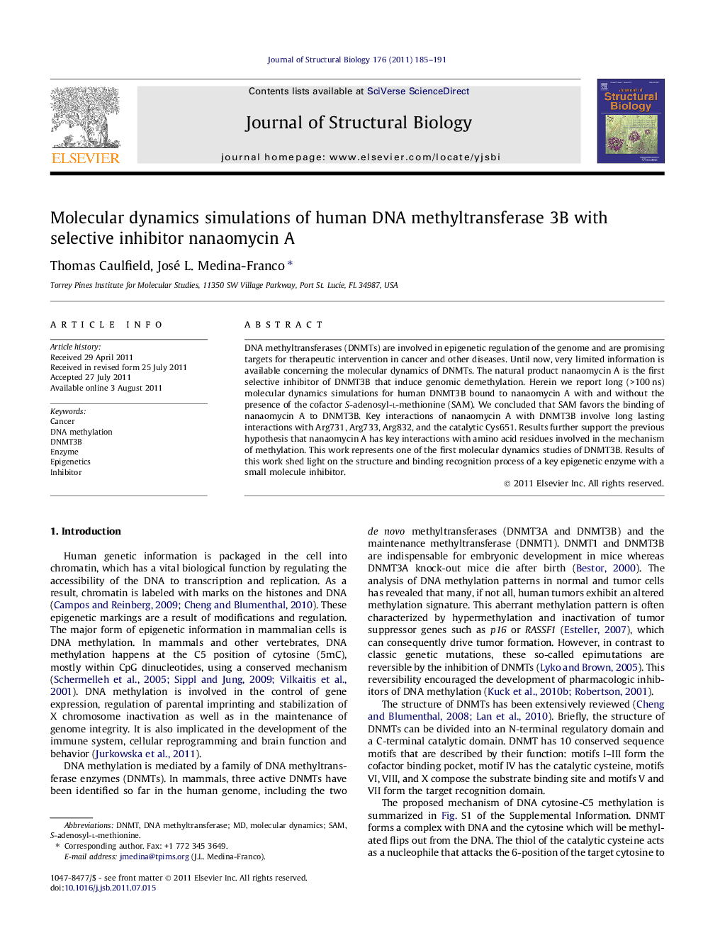 Molecular dynamics simulations of human DNA methyltransferase 3B with selective inhibitor nanaomycin A