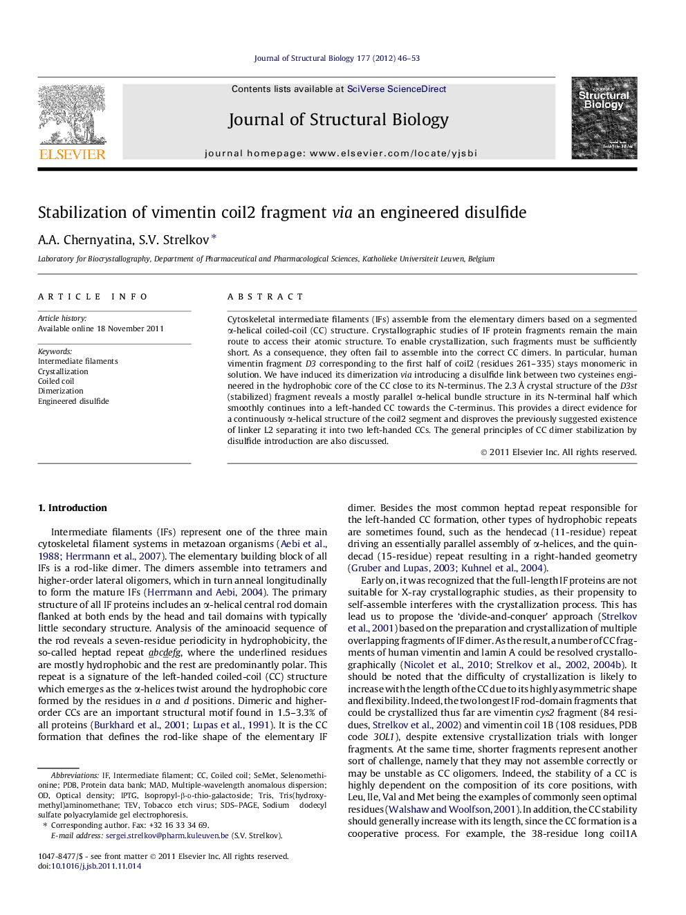 Stabilization of vimentin coil2 fragment via an engineered disulfide