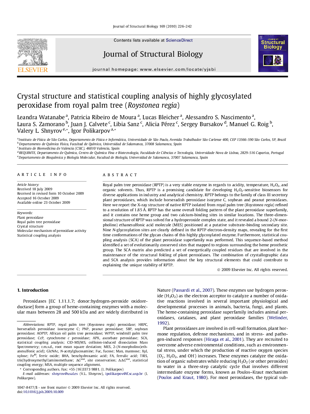 Crystal structure and statistical coupling analysis of highly glycosylated peroxidase from royal palm tree (Roystonea regia)