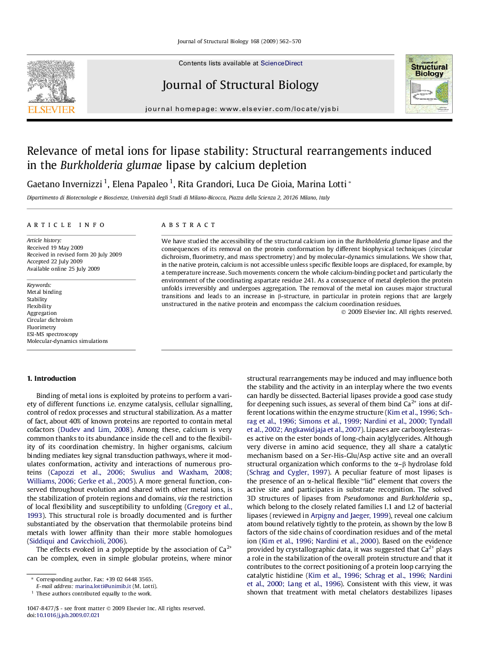 Relevance of metal ions for lipase stability: Structural rearrangements induced in the Burkholderia glumae lipase by calcium depletion