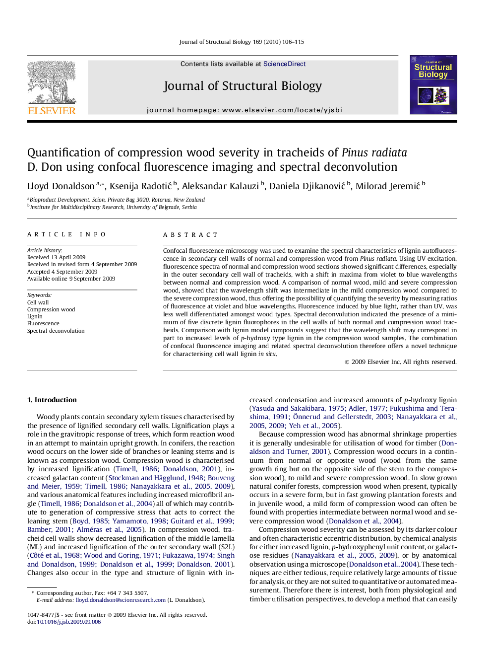 Quantification of compression wood severity in tracheids of Pinus radiata D. Don using confocal fluorescence imaging and spectral deconvolution