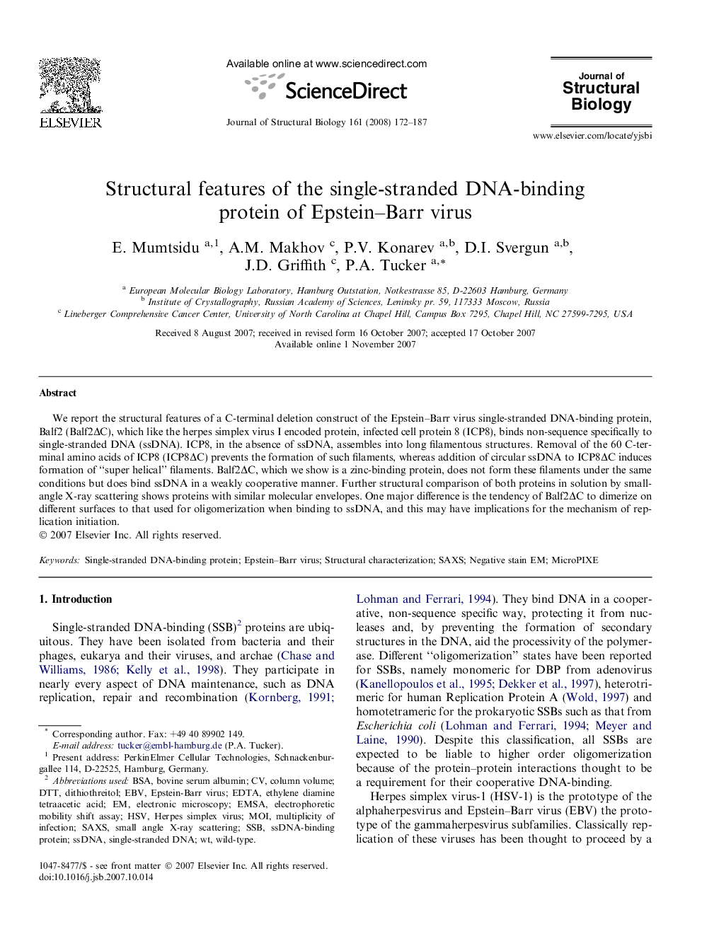 Structural features of the single-stranded DNA-binding protein of Epstein–Barr virus