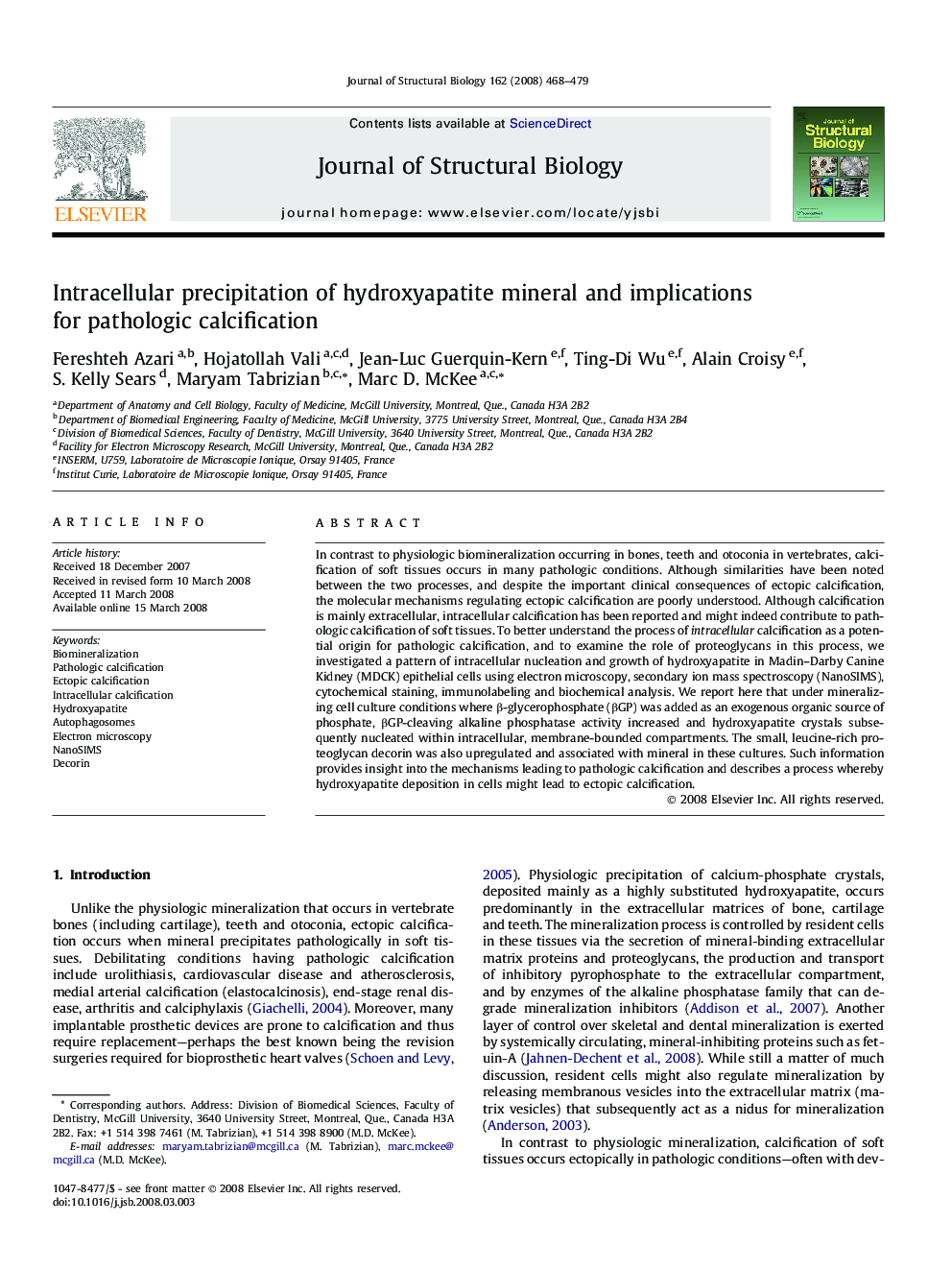 Intracellular precipitation of hydroxyapatite mineral and implications for pathologic calcification