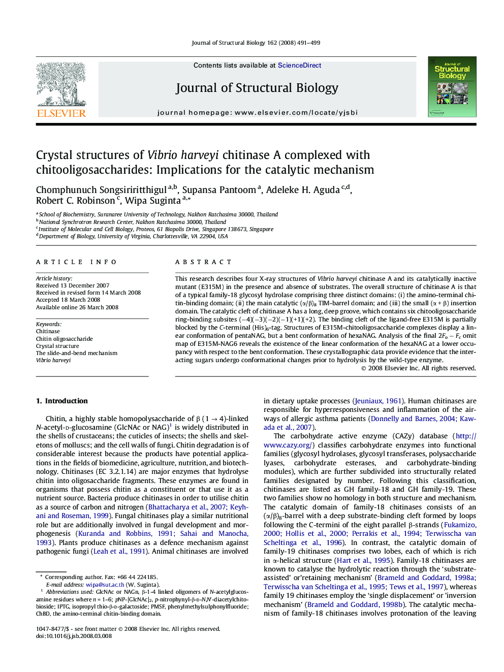 Crystal structures of Vibrio harveyi chitinase A complexed with chitooligosaccharides: Implications for the catalytic mechanism