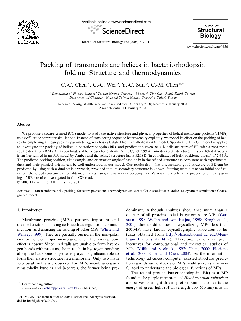 Packing of transmembrane helices in bacteriorhodopsin folding: Structure and thermodynamics