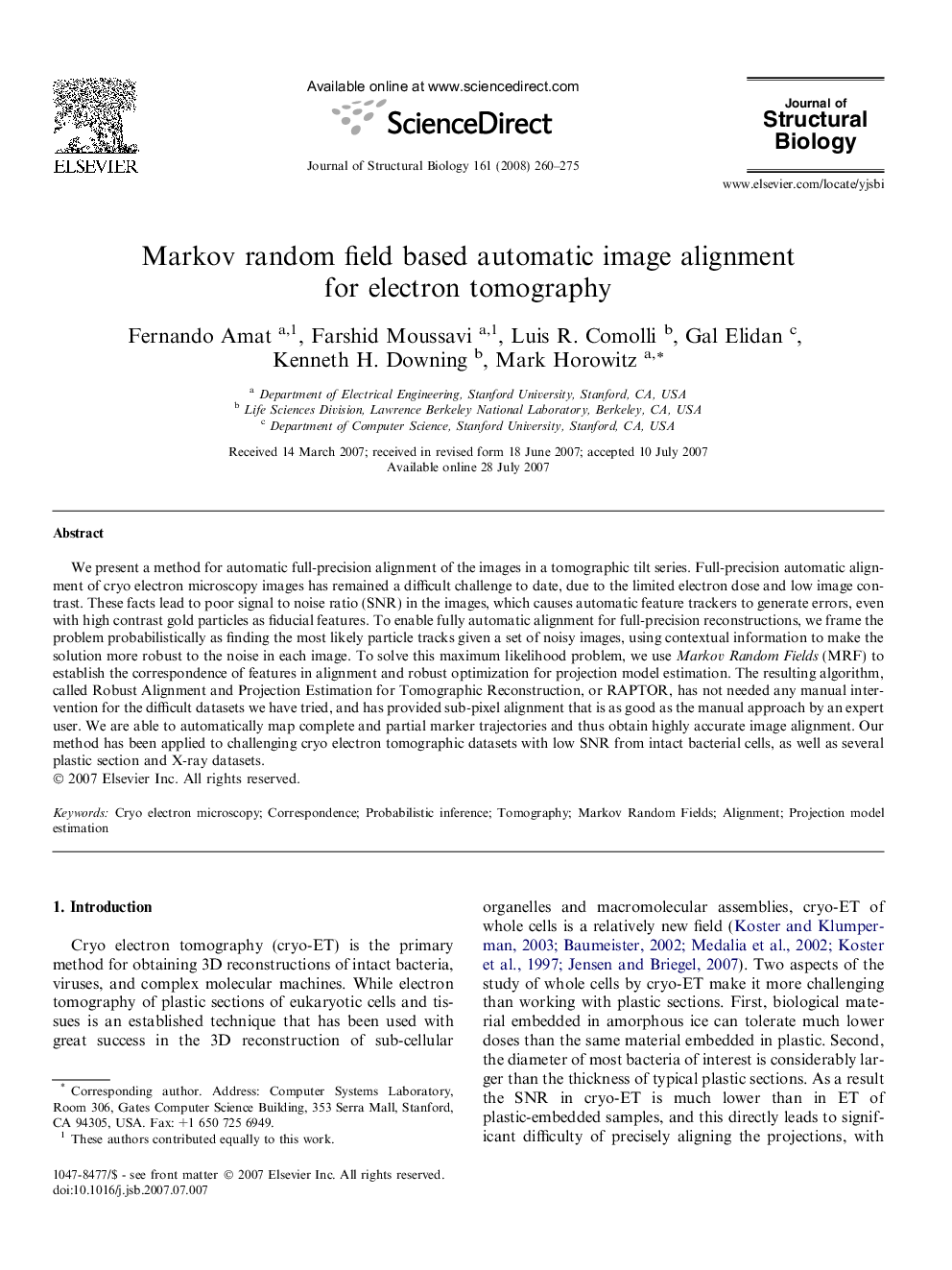 Markov random field based automatic image alignment for electron tomography