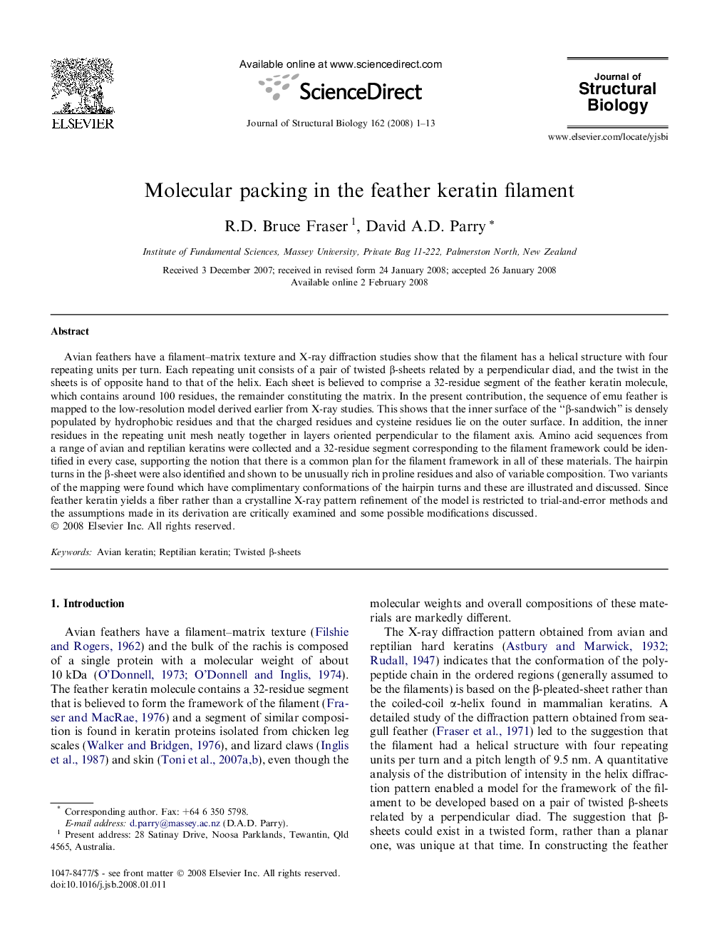 عکس صفحه اول مقاله: Molecular packing in the feather keratin filament Molecular packing in the feather keratin filament