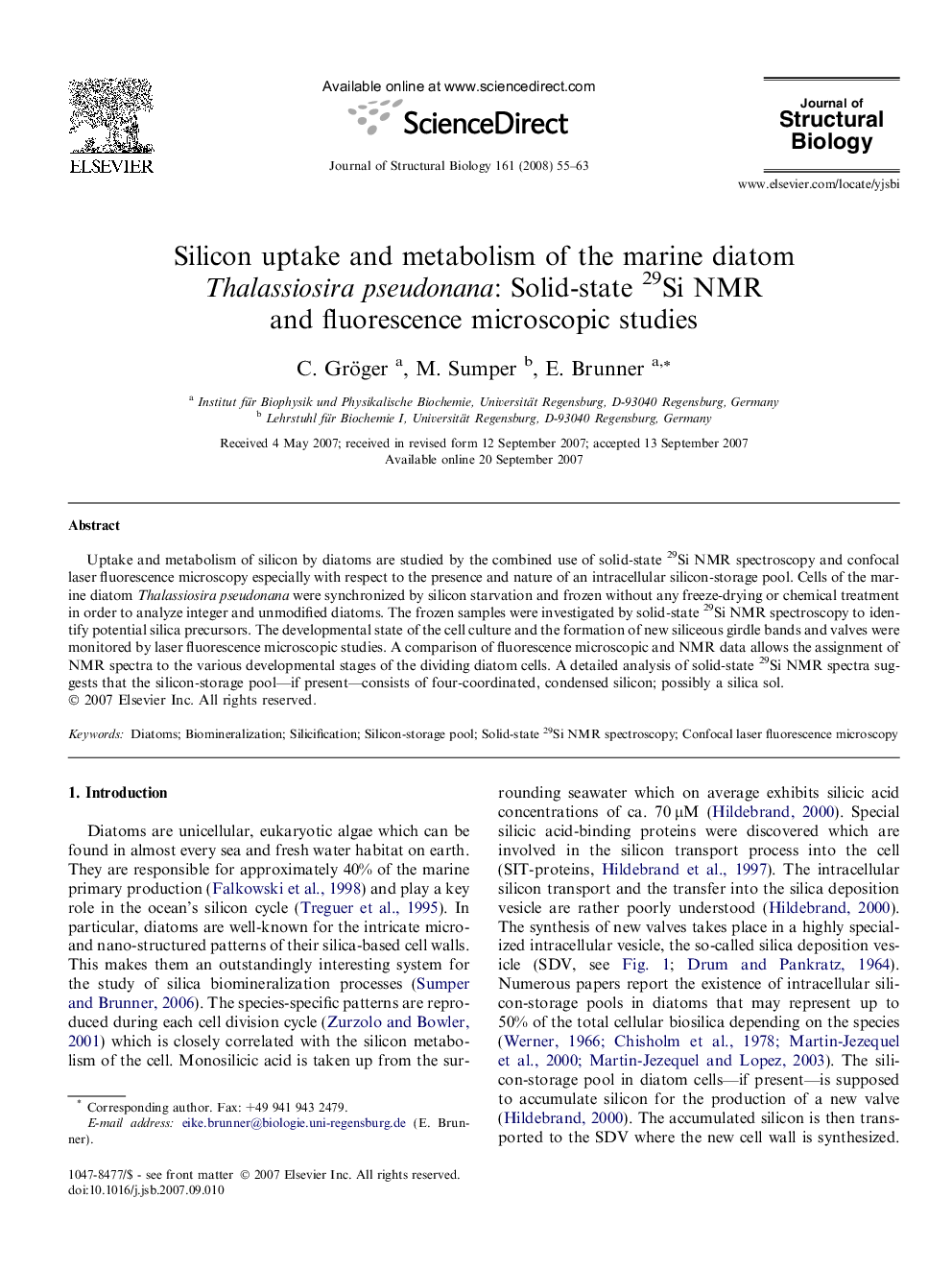 Silicon uptake and metabolism of the marine diatom Thalassiosira pseudonana: Solid-state 29Si NMR and fluorescence microscopic studies