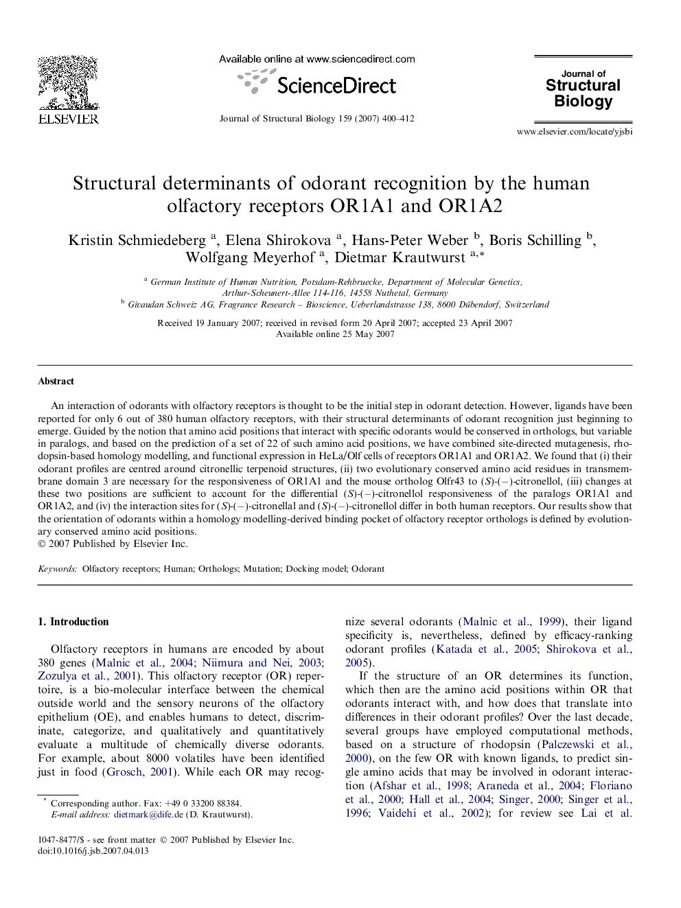 Structural determinants of odorant recognition by the human olfactory receptors OR1A1 and OR1A2