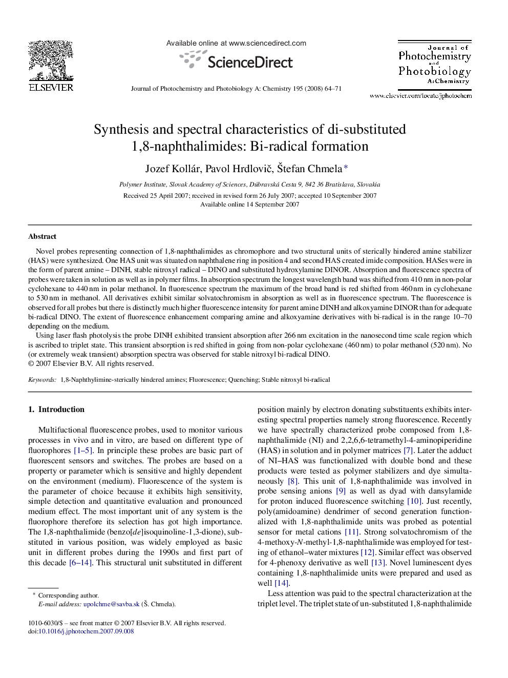 Synthesis and spectral characteristics of di-substituted 1,8-naphthalimides: Bi-radical formation