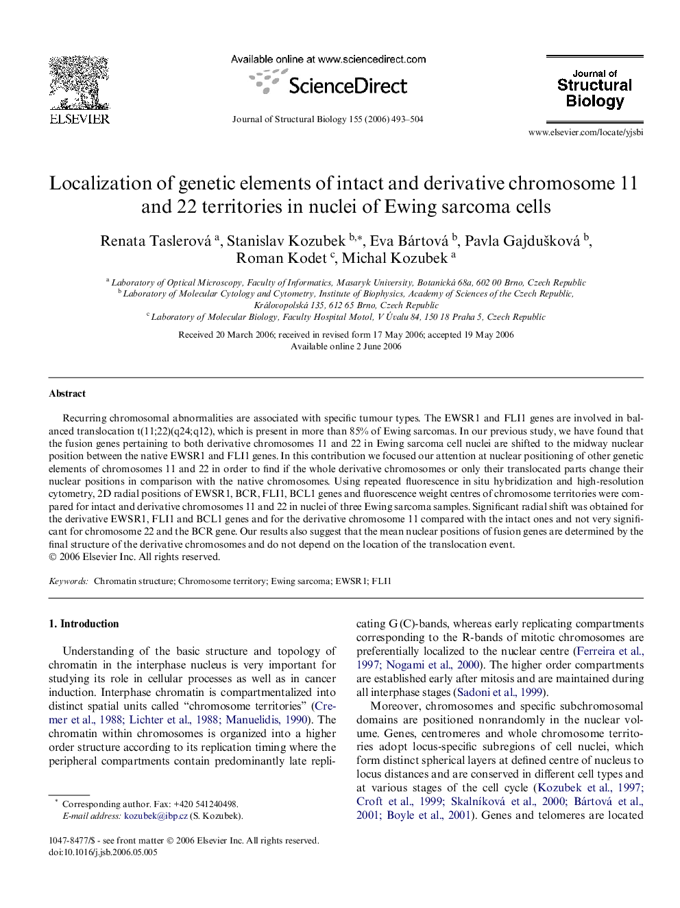 Localization of genetic elements of intact and derivative chromosome 11 and 22 territories in nuclei of Ewing sarcoma cells