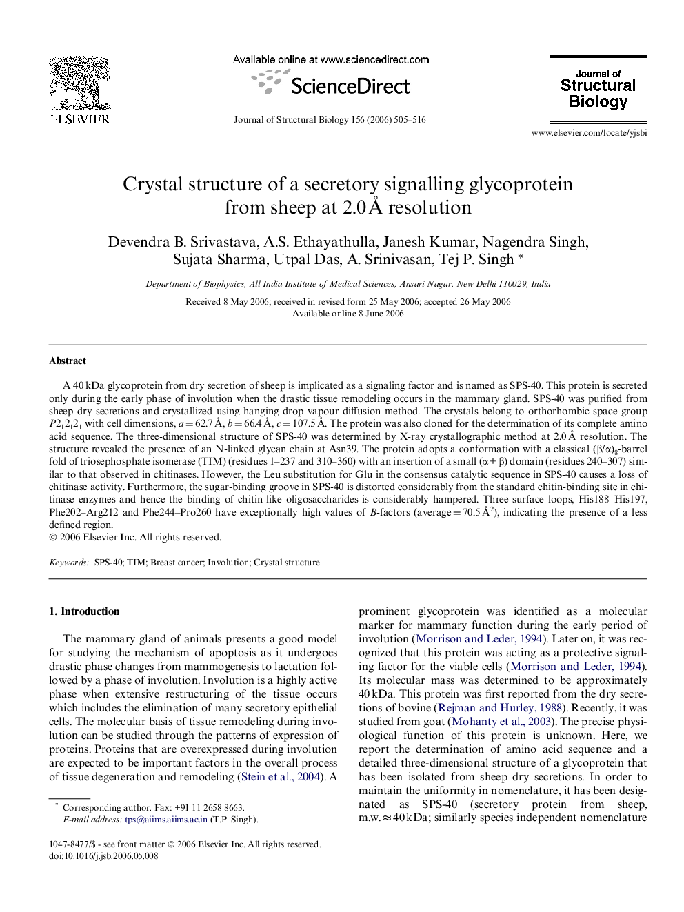 Crystal structure of a secretory signalling glycoprotein from sheep at 2.0 Å resolution