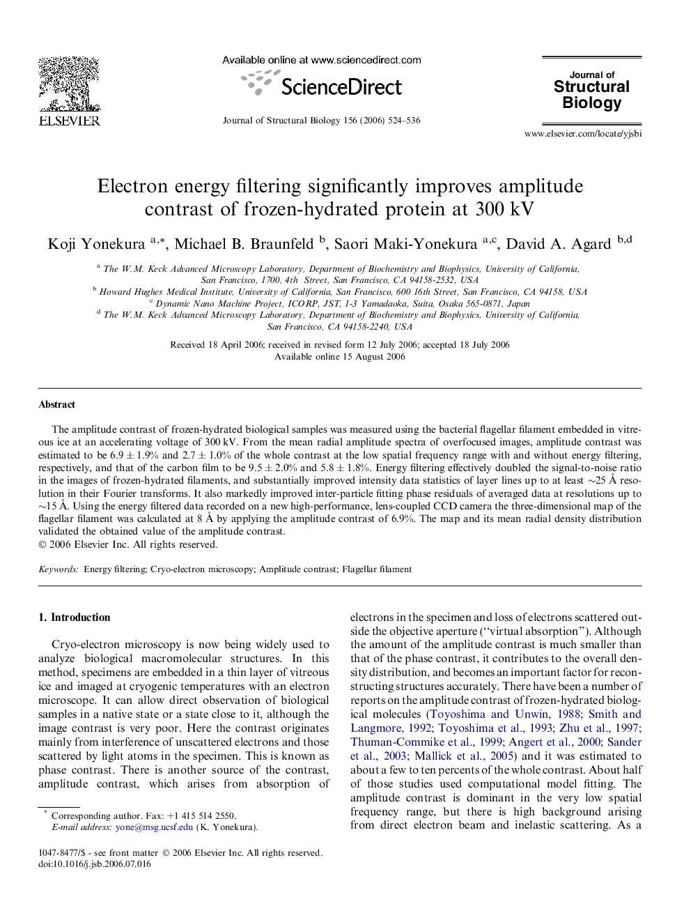 Electron energy filtering significantly improves amplitude contrast of frozen-hydrated protein at 300 kV