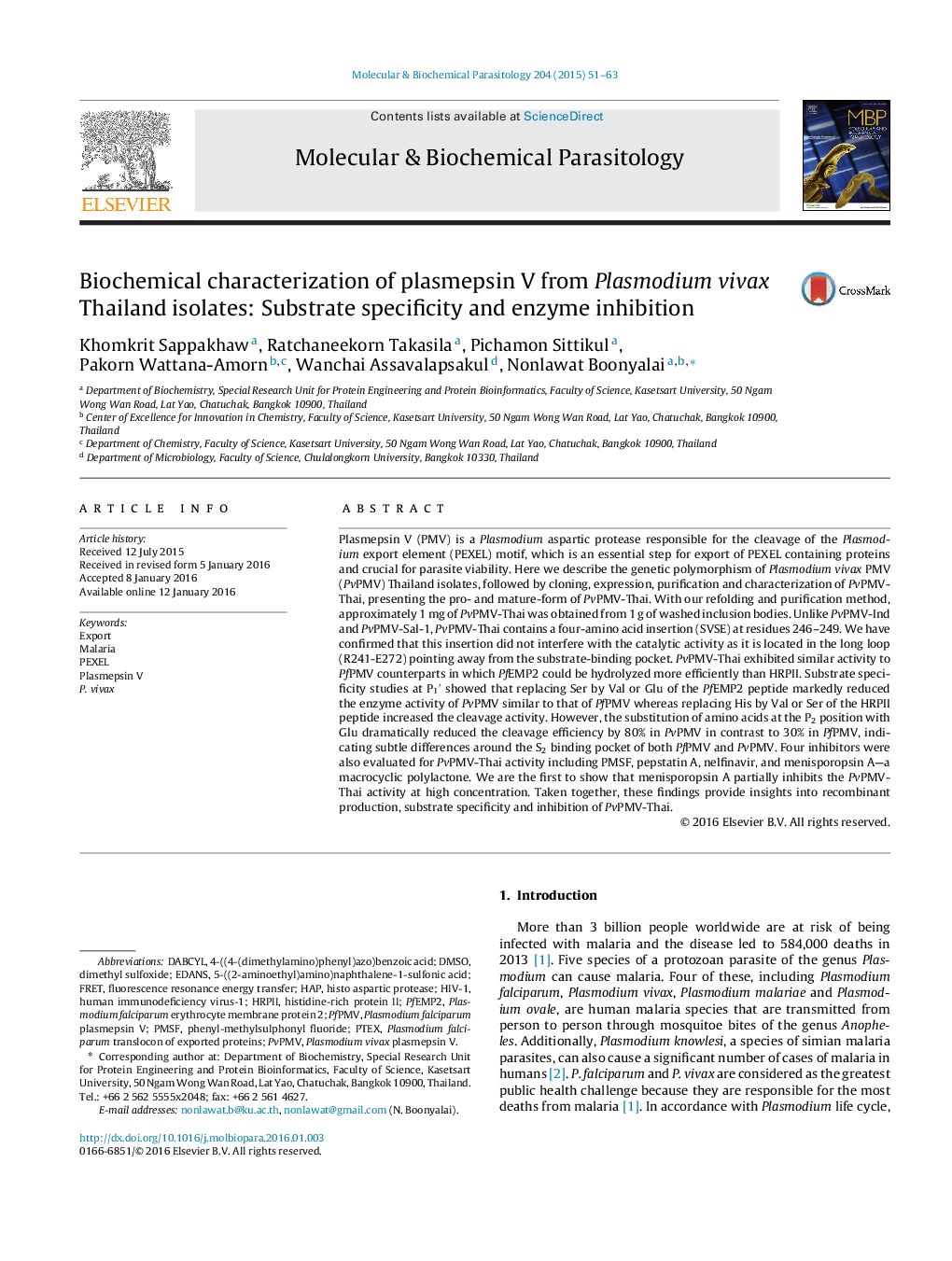 Biochemical characterization of plasmepsin V from Plasmodium vivax Thailand isolates: Substrate specificity and enzyme inhibition