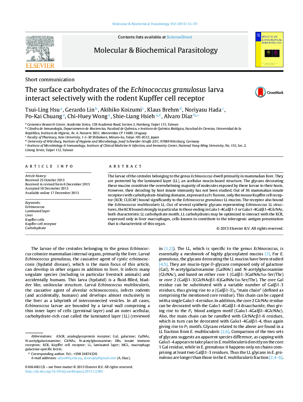 The surface carbohydrates of the Echinococcus granulosus larva interact selectively with the rodent Kupffer cell receptor