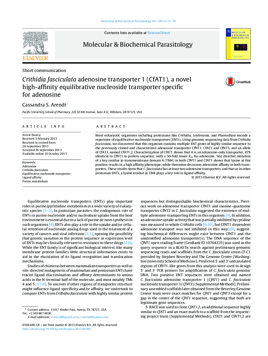 Crithidia fasciculata adenosine transporter 1 (CfAT1), a novel high-affinity equilibrative nucleoside transporter specific for adenosine