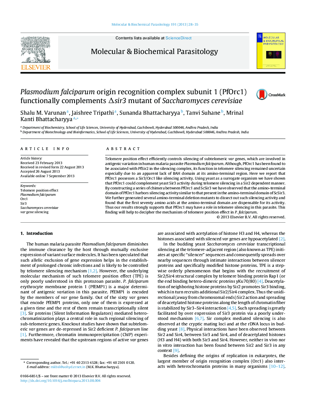 Plasmodium falciparum origin recognition complex subunit 1 (PfOrc1) functionally complements Δsir3 mutant of Saccharomyces cerevisiae