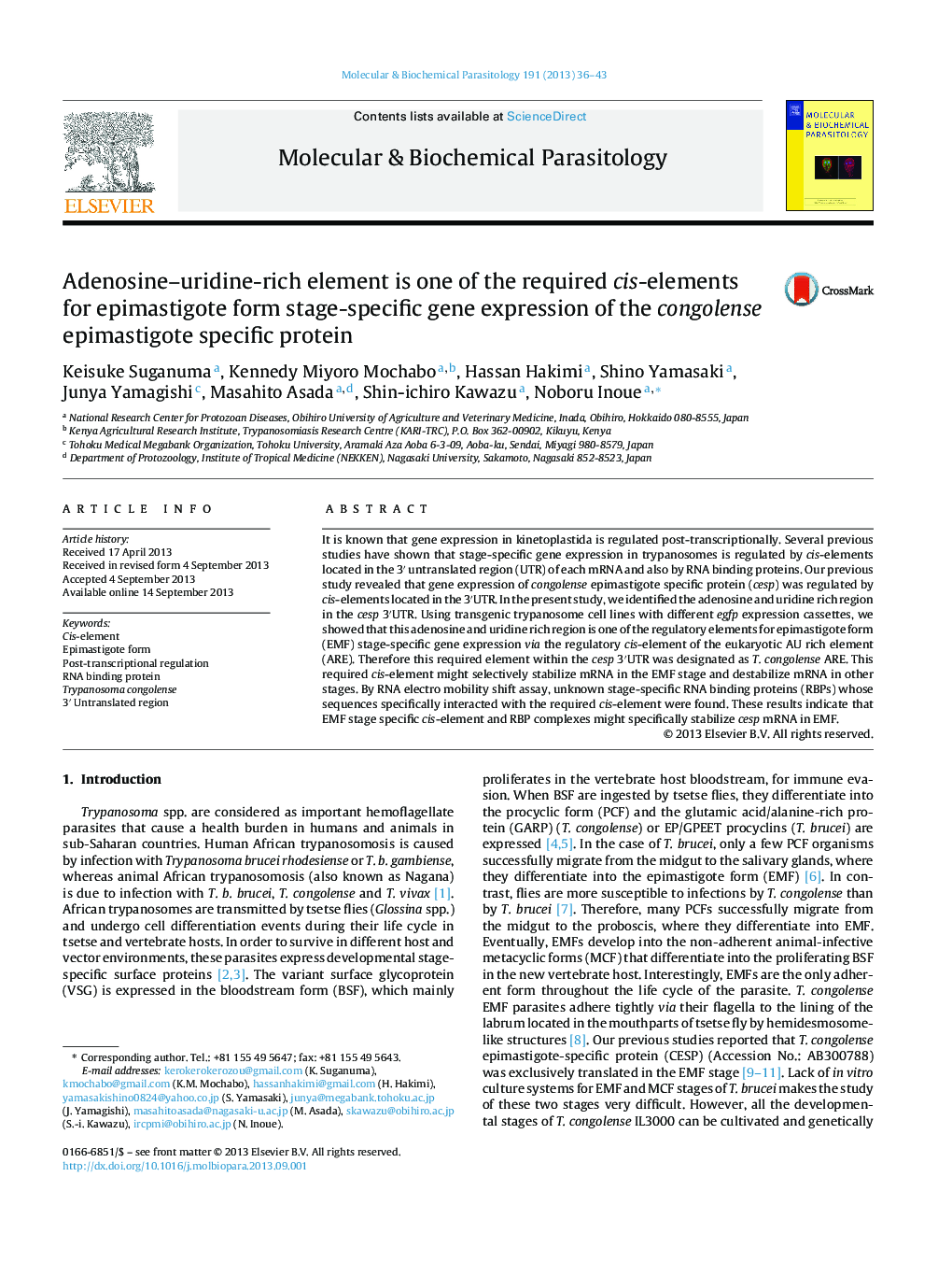 Adenosine–uridine-rich element is one of the required cis-elements for epimastigote form stage-specific gene expression of the congolense epimastigote specific protein