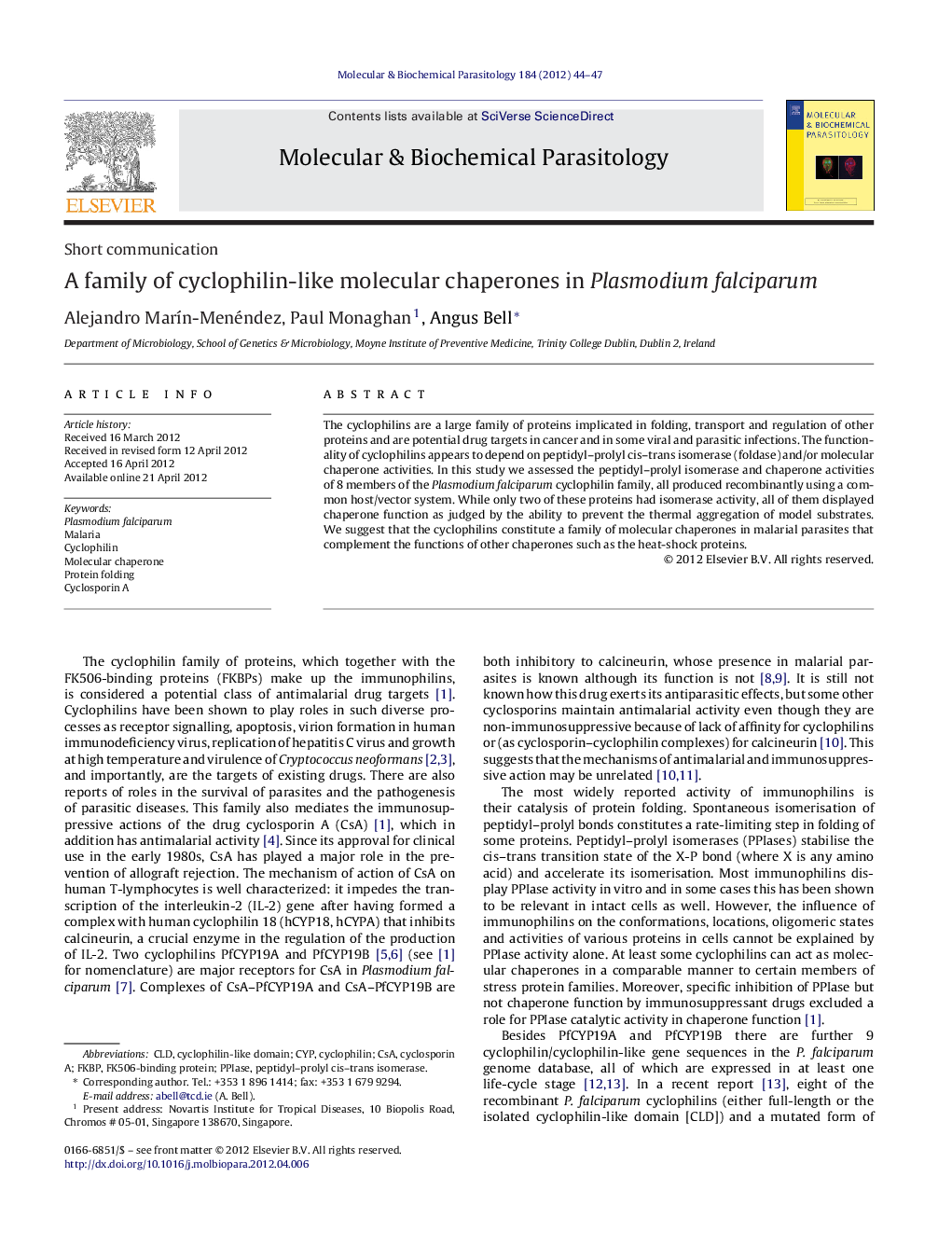 A family of cyclophilin-like molecular chaperones in Plasmodium falciparum