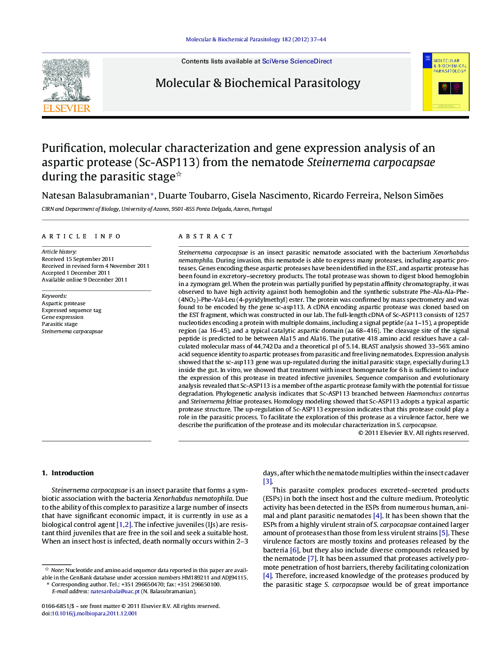 Purification, molecular characterization and gene expression analysis of an aspartic protease (Sc-ASP113) from the nematode Steinernema carpocapsae during the parasitic stage 