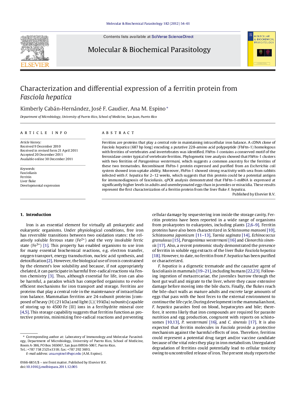 Characterization and differential expression of a ferritin protein from Fasciola hepatica