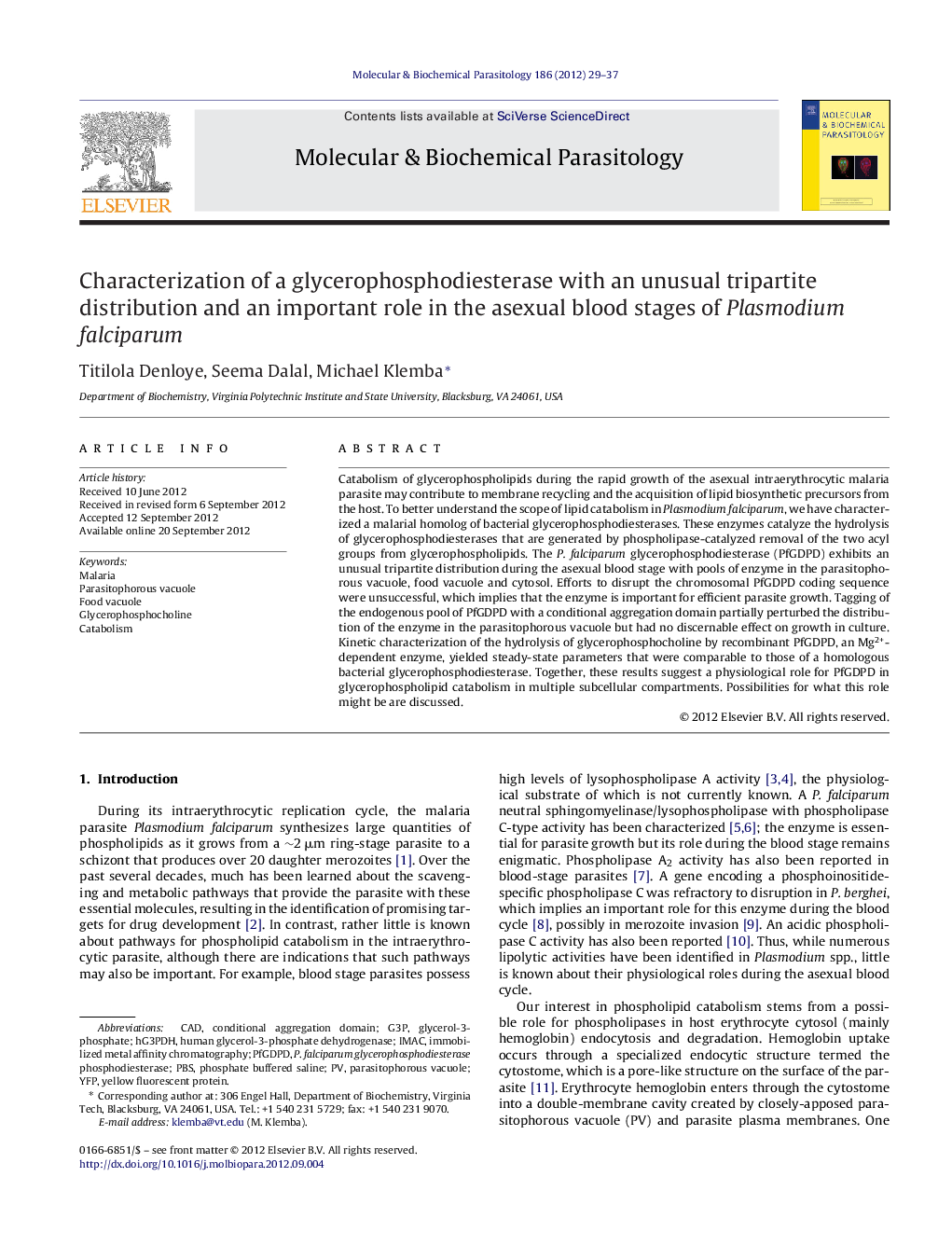 Characterization of a glycerophosphodiesterase with an unusual tripartite distribution and an important role in the asexual blood stages of Plasmodium falciparum