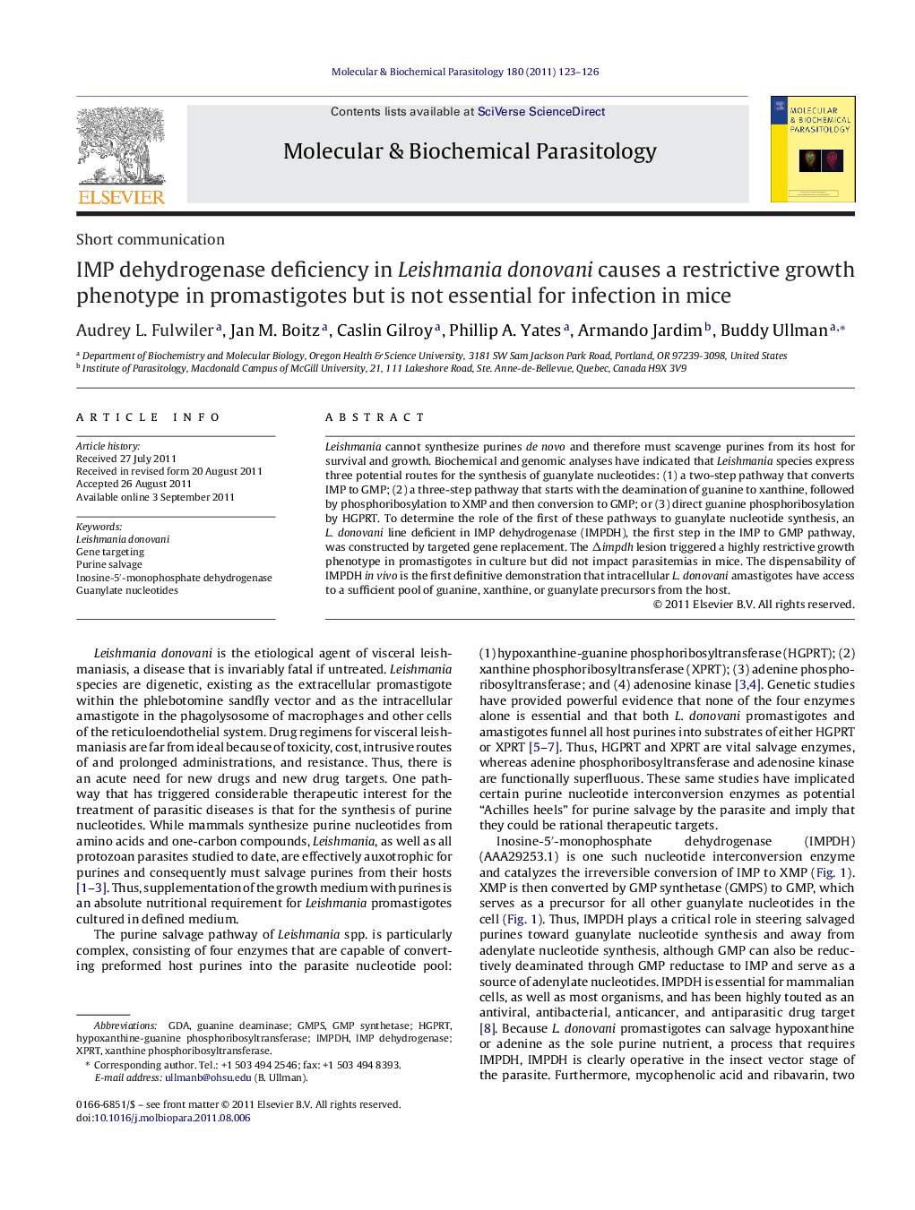 IMP dehydrogenase deficiency in Leishmania donovani causes a restrictive growth phenotype in promastigotes but is not essential for infection in mice