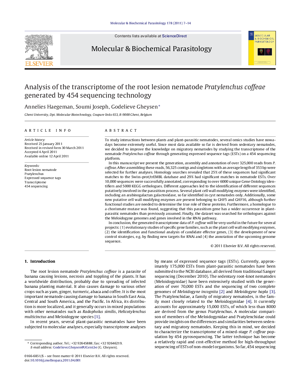 Analysis of the transcriptome of the root lesion nematode Pratylenchus coffeae generated by 454 sequencing technology