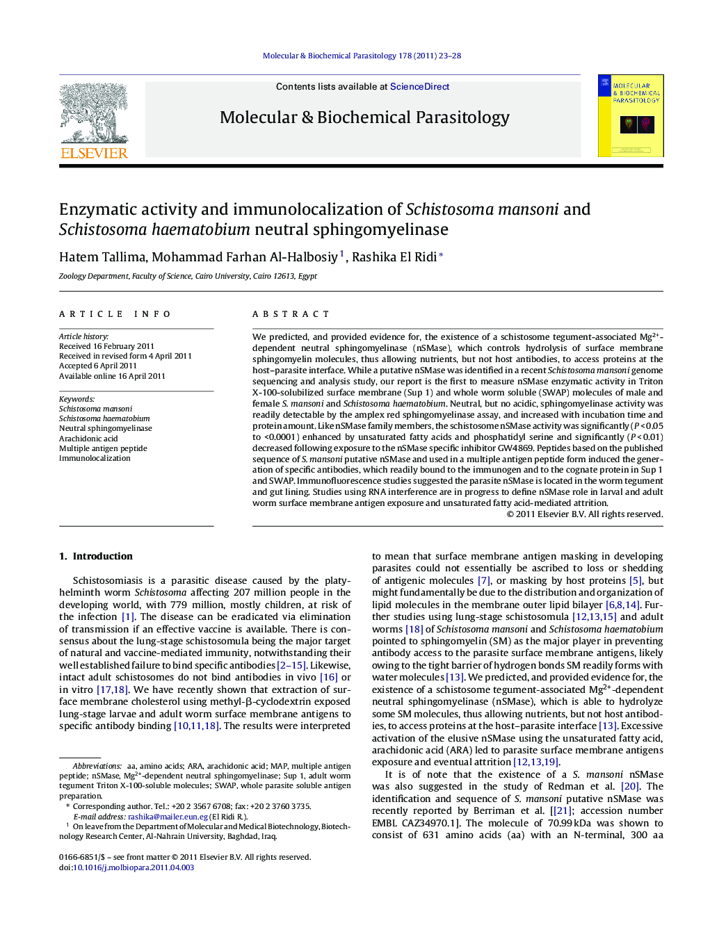 Enzymatic activity and immunolocalization of Schistosoma mansoni and Schistosoma haematobium neutral sphingomyelinase