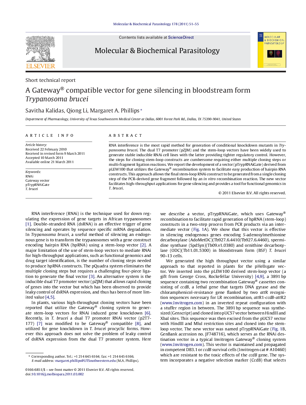 A Gateway® compatible vector for gene silencing in bloodstream form Trypanosoma brucei