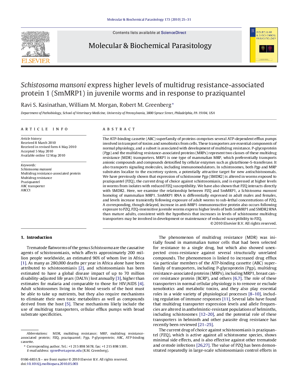 Schistosoma mansoni express higher levels of multidrug resistance-associated protein 1 (SmMRP1) in juvenile worms and in response to praziquantel