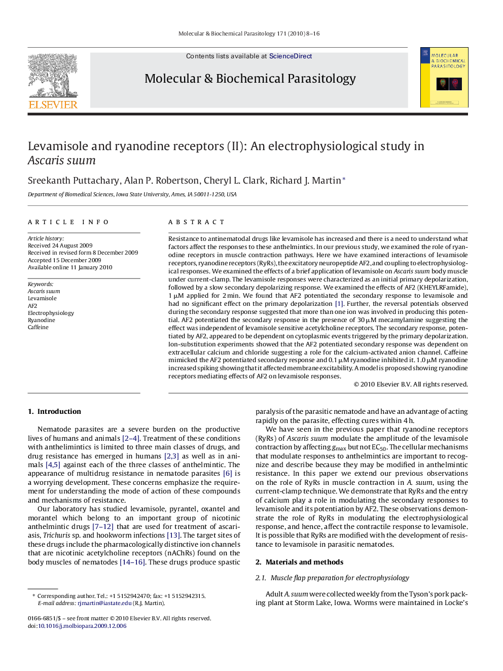 Levamisole and ryanodine receptors (II): An electrophysiological study in Ascaris suum