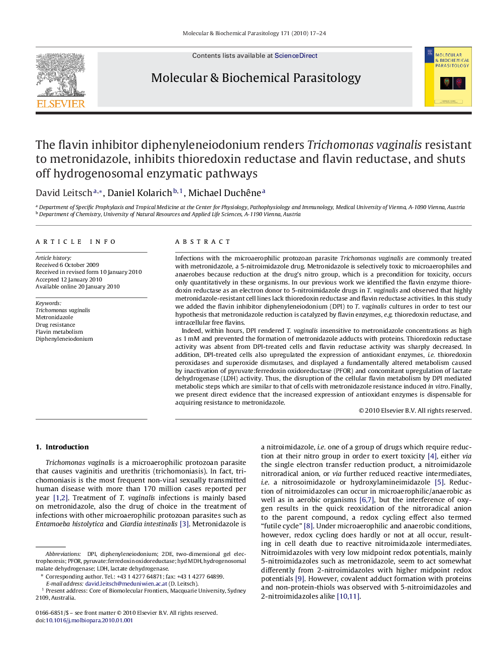 The flavin inhibitor diphenyleneiodonium renders Trichomonas vaginalis resistant to metronidazole, inhibits thioredoxin reductase and flavin reductase, and shuts off hydrogenosomal enzymatic pathways